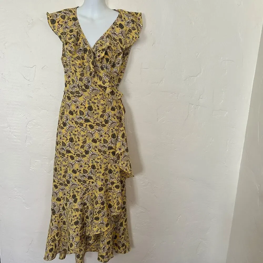 Max Studio Yellow Floral Boho Midi Wrap Dress Summer Spring Size Medium